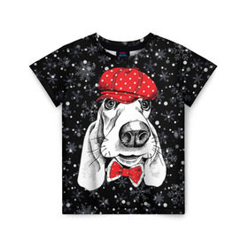 Детская футболка 3D с принтом Бассет-хаунд в Екатеринбурге, 100% гипоаллергенный полиэфир | прямой крой, круглый вырез горловины, длина до линии бедер, чуть спущенное плечо, ткань немного тянется | bow | breed | cap | christmas | dog | holiday | new year | red | wint | бант | бассет хаунд | белый | взгляд | горошек | зима | красный | новый год | порода | праздник | рождество | снег | снежинки | собака | фуражка