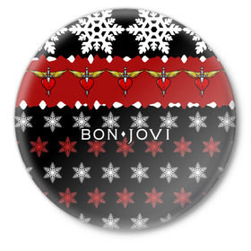 Значок с принтом Праздничный Bon Jovi в Екатеринбурге,  металл | круглая форма, металлическая застежка в виде булавки | Тематика изображения на принте: bon | jovi | бон | группа | джови | новогодний | новый год | праздник | рождество | рок | снежинки