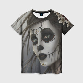 Женская футболка 3D с принтом Skull в Екатеринбурге, 100% полиэфир ( синтетическое хлопкоподобное полотно) | прямой крой, круглый вырез горловины, длина до линии бедер | halloween | skull | sugar skull | мексика | хэллоуин | череп