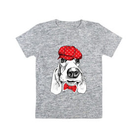 Детская футболка хлопок с принтом Бассет-хаунд в Екатеринбурге, 100% хлопок | круглый вырез горловины, полуприлегающий силуэт, длина до линии бедер | bow | breed | cap | christmas | dog | holiday | new year | red | wint | бант | бассет хаунд | в горошек | новый год | порода | рождество | фуражка