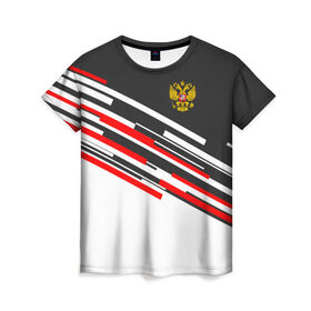 Женская футболка 3D с принтом RUSSIA - Black and White в Екатеринбурге, 100% полиэфир ( синтетическое хлопкоподобное полотно) | прямой крой, круглый вырез горловины, длина до линии бедер | russia | герб | россия