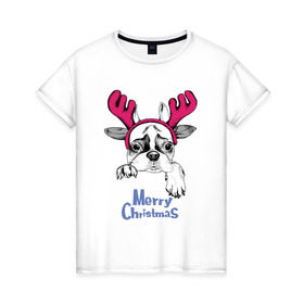 Женская футболка хлопок с принтом Бульдог Олень в Екатеринбурге, 100% хлопок | прямой крой, круглый вырез горловины, длина до линии бедер, слегка спущенное плечо | Тематика изображения на принте: breed | bulldog | christmas | deer | dog | holiday | horns | ne | santa claus | scarf | snow | snowflakes | winter | бульдог | дед мороз | зима | новый год | олень | очки | порода | праздник | рога | рождество | санта клаус | снег | снежинки | с