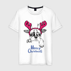 Мужская футболка хлопок с принтом Бульдог Олень в Екатеринбурге, 100% хлопок | прямой крой, круглый вырез горловины, длина до линии бедер, слегка спущенное плечо. | breed | bulldog | christmas | deer | dog | holiday | horns | ne | santa claus | scarf | snow | snowflakes | winter | бульдог | дед мороз | зима | новый год | олень | очки | порода | праздник | рога | рождество | санта клаус | снег | снежинки | с