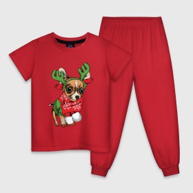 Детская пижама хлопок с принтом Год собаки в Екатеринбурге, 100% хлопок |  брюки и футболка прямого кроя, без карманов, на брюках мягкая резинка на поясе и по низу штанин
 | Тематика изображения на принте: christmas | deer | dog | holiday | horns | new year | scarf | snow | snowflakes | sweater | winter | зима | новый год | олень | праздник | рога | рождество | свитер | снег | снежинки | собака | шарф