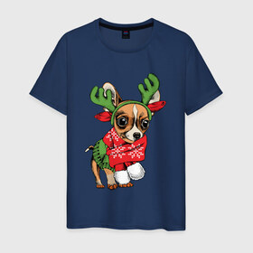 Мужская футболка хлопок с принтом Год собаки в Екатеринбурге, 100% хлопок | прямой крой, круглый вырез горловины, длина до линии бедер, слегка спущенное плечо. | Тематика изображения на принте: christmas | deer | dog | holiday | horns | new year | scarf | snow | snowflakes | sweater | winter | зима | новый год | олень | праздник | рога | рождество | свитер | снег | снежинки | собака | шарф