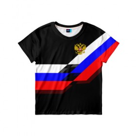 Детская футболка 3D с принтом RUSSIA - Black Collection в Екатеринбурге, 100% гипоаллергенный полиэфир | прямой крой, круглый вырез горловины, длина до линии бедер, чуть спущенное плечо, ткань немного тянется | russia | герб | россия | триколор | флаг