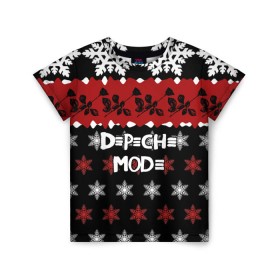 Детская футболка 3D с принтом Праздничный Depeche Mode в Екатеринбурге, 100% гипоаллергенный полиэфир | прямой крой, круглый вырез горловины, длина до линии бедер, чуть спущенное плечо, ткань немного тянется | Тематика изображения на принте: depeche mode | вестник моды | депеш мод | дэйв гаан | мартин гор | новогодний | новый год | рождество | роза | снежинки | энди флетчер