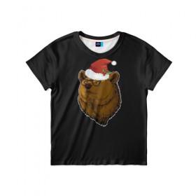 Детская футболка 3D с принтом Новогодний медведь в Екатеринбурге, 100% гипоаллергенный полиэфир | прямой крой, круглый вырез горловины, длина до линии бедер, чуть спущенное плечо, ткань немного тянется | Тематика изображения на принте: мишка | рождество | шапка