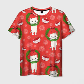 Мужская футболка 3D с принтом Новогодние кошки в Екатеринбурге, 100% полиэфир | прямой крой, круглый вырез горловины, длина до линии бедер | Тематика изображения на принте: зима | кот | новый год | подарок | рождество