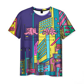 Мужская футболка 3D с принтом Токио в Екатеринбурге, 100% полиэфир | прямой крой, круглый вырез горловины, длина до линии бедер | азия | буквы | вывески | иероглифы | кислота | мегаполис | неон | неонуар | флуо | япония | яркий