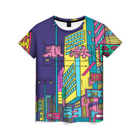 Женская футболка 3D с принтом Токио в Екатеринбурге, 100% полиэфир ( синтетическое хлопкоподобное полотно) | прямой крой, круглый вырез горловины, длина до линии бедер | азия | буквы | вывески | иероглифы | кислота | мегаполис | неон | неонуар | флуо | япония | яркий