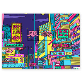 Поздравительная открытка с принтом Токио в Екатеринбурге, 100% бумага | плотность бумаги 280 г/м2, матовая, на обратной стороне линовка и место для марки
 | Тематика изображения на принте: азия | буквы | вывески | иероглифы | кислота | мегаполис | неон | неонуар | флуо | япония | яркий