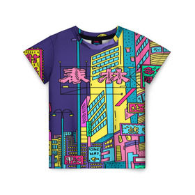 Детская футболка 3D с принтом Токио в Екатеринбурге, 100% гипоаллергенный полиэфир | прямой крой, круглый вырез горловины, длина до линии бедер, чуть спущенное плечо, ткань немного тянется | азия | буквы | вывески | иероглифы | кислота | мегаполис | неон | неонуар | флуо | япония | яркий