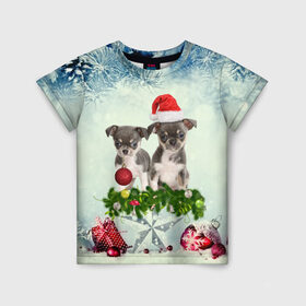 Детская футболка 3D с принтом Милые собачки в Екатеринбурге, 100% гипоаллергенный полиэфир | прямой крой, круглый вырез горловины, длина до линии бедер, чуть спущенное плечо, ткань немного тянется | christmas | new year | год собаки | елка | елочки | новогодний | новый год | рождество | снег | снежинки | собака