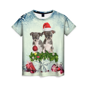 Женская футболка 3D с принтом Милые собачки в Екатеринбурге, 100% полиэфир ( синтетическое хлопкоподобное полотно) | прямой крой, круглый вырез горловины, длина до линии бедер | christmas | new year | год собаки | елка | елочки | новогодний | новый год | рождество | снег | снежинки | собака