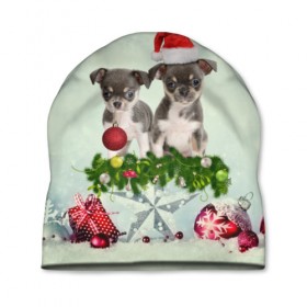 Шапка 3D с принтом Милые собачки в Екатеринбурге, 100% полиэстер | универсальный размер, печать по всей поверхности изделия | christmas | new year | год собаки | елка | елочки | новогодний | новый год | рождество | снег | снежинки | собака