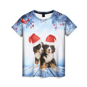 Женская футболка 3D с принтом Новогодние собачки в Екатеринбурге, 100% полиэфир ( синтетическое хлопкоподобное полотно) | прямой крой, круглый вырез горловины, длина до линии бедер | christmas | new year | santa | год собаки | елка | елочки | новогодний | новый год | рождество | снег | снежинки | собака