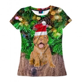 Женская футболка 3D с принтом DOG в Екатеринбурге, 100% полиэфир ( синтетическое хлопкоподобное полотно) | прямой крой, круглый вырез горловины, длина до линии бедер | christmas | new year | santa | год собаки | дед мороз | елка | елочки | новогодний | новый год | рождество | сантаклаус | снег | снежинки | собака