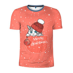 Мужская футболка 3D спортивная с принтом Кошка в кармане в Екатеринбурге, 100% полиэстер с улучшенными характеристиками | приталенный силуэт, круглая горловина, широкие плечи, сужается к линии бедра | Тематика изображения на принте: зима | кот | новый год | подарок | рождество