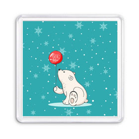 Магнит 55*55 с принтом Мишка и шарик в Екатеринбурге, Пластик | Размер: 65*65 мм; Размер печати: 55*55 мм | зима | медведь | новый год | подарок | рождество