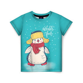 Детская футболка 3D с принтом Пингвин в шарфе в Екатеринбурге, 100% гипоаллергенный полиэфир | прямой крой, круглый вырез горловины, длина до линии бедер, чуть спущенное плечо, ткань немного тянется | зима | новый год | пингвин | подарок | рождество