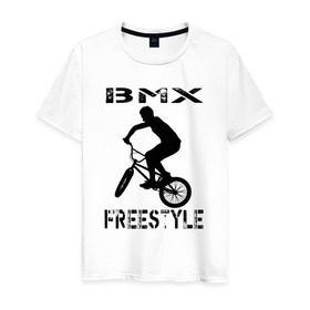 Мужская футболка хлопок с принтом BMX FreeStyle в Екатеринбурге, 100% хлопок | прямой крой, круглый вырез горловины, длина до линии бедер, слегка спущенное плечо. | Тематика изображения на принте: bmx | freestyle | велик | велосипед | трюки | экстрим