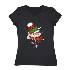 Женская футболка хлопок с принтом Котик в шапке в Екатеринбурге, 100% хлопок | прямой крой, круглый вырез горловины, длина до линии бедер, слегка спущенное плечо | зима | кот | новый год | подарок | рождество