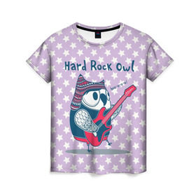 Женская футболка 3D с принтом Hard rock owl в Екатеринбурге, 100% полиэфир ( синтетическое хлопкоподобное полотно) | прямой крой, круглый вырез горловины, длина до линии бедер | гитара | гитарист | музыка | музыкант