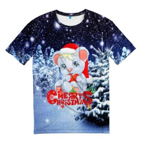 Мужская футболка 3D с принтом Милый зверёк в Екатеринбурге, 100% полиэфир | прямой крой, круглый вырез горловины, длина до линии бедер | new year | елка | новогодний | новый год | рождество | снег | снежинки
