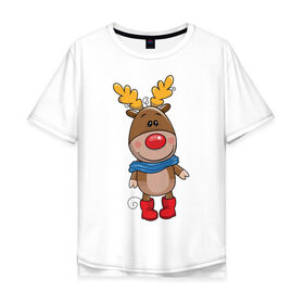 Мужская футболка хлопок Oversize с принтом Олень в шарфике в Екатеринбурге, 100% хлопок | свободный крой, круглый ворот, “спинка” длиннее передней части | новогодний олень | олень | олень в шарфике