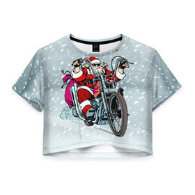 Женская футболка 3D укороченная с принтом Санта Клаус байкер в Екатеринбурге, 100% полиэстер | круглая горловина, длина футболки до линии талии, рукава с отворотами | байк | дед мороз | зима | мотоцикл | рождество | снег