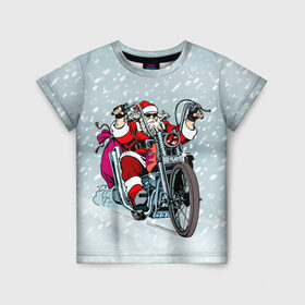 Детская футболка 3D с принтом Санта Клаус байкер в Екатеринбурге, 100% гипоаллергенный полиэфир | прямой крой, круглый вырез горловины, длина до линии бедер, чуть спущенное плечо, ткань немного тянется | байк | дед мороз | зима | мотоцикл | рождество | снег