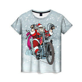 Женская футболка 3D с принтом Санта Клаус байкер в Екатеринбурге, 100% полиэфир ( синтетическое хлопкоподобное полотно) | прямой крой, круглый вырез горловины, длина до линии бедер | байк | дед мороз | зима | мотоцикл | рождество | снег