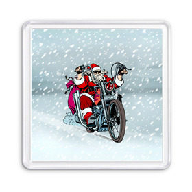 Магнит 55*55 с принтом Санта Клаус байкер в Екатеринбурге, Пластик | Размер: 65*65 мм; Размер печати: 55*55 мм | Тематика изображения на принте: байк | дед мороз | зима | мотоцикл | рождество | снег