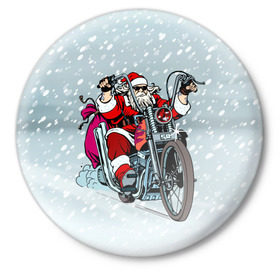 Значок с принтом Санта Клаус байкер в Екатеринбурге,  металл | круглая форма, металлическая застежка в виде булавки | байк | дед мороз | зима | мотоцикл | рождество | снег