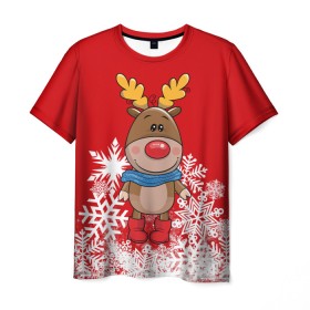 Мужская футболка 3D с принтом Олень в шарфике в Екатеринбурге, 100% полиэфир | прямой крой, круглый вырез горловины, длина до линии бедер | новогодний олень | новый год | олень | олень в шарфике | подарок на новый год