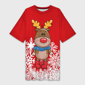 Платье-футболка 3D с принтом Олень в шарфике в Екатеринбурге,  |  | новогодний олень | новый год | олень | олень в шарфике | подарок на новый год