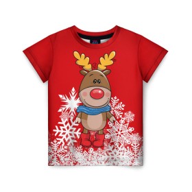 Детская футболка 3D с принтом Олень в шарфике в Екатеринбурге, 100% гипоаллергенный полиэфир | прямой крой, круглый вырез горловины, длина до линии бедер, чуть спущенное плечо, ткань немного тянется | новогодний олень | новый год | олень | олень в шарфике | подарок на новый год