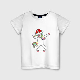 Детская футболка хлопок с принтом Единорог в шапке Санты Дэб в Екатеринбурге, 100% хлопок | круглый вырез горловины, полуприлегающий силуэт, длина до линии бедер | дэб | единорог | новый год | санта