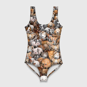 Купальник-боди 3D с принтом Щенки в Екатеринбурге, 82% полиэстер, 18% эластан | Круглая горловина, круглый вырез на спине | бультерьер | корги | мопс | паттерн | пес | питбуль | породы | собака | собачка | хаски | щенок