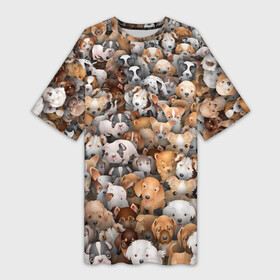 Платье-футболка 3D с принтом Щенки в Екатеринбурге,  |  | бультерьер | корги | мопс | паттерн | пес | питбуль | породы | собака | собачка | хаски | щенок