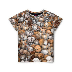 Детская футболка 3D с принтом Щенки в Екатеринбурге, 100% гипоаллергенный полиэфир | прямой крой, круглый вырез горловины, длина до линии бедер, чуть спущенное плечо, ткань немного тянется | бультерьер | корги | мопс | паттерн | пес | питбуль | породы | собака | собачка | хаски | щенок