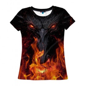 Женская футболка 3D с принтом Огненный дракон в Екатеринбурге, 100% полиэфир ( синтетическое хлопкоподобное полотно) | прямой крой, круглый вырез горловины, длина до линии бедер | арт | глаза | дракон | огонь | пламя