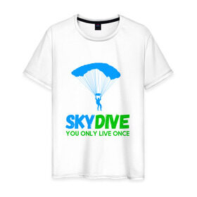 Мужская футболка хлопок с принтом skydive в Екатеринбурге, 100% хлопок | прямой крой, круглый вырез горловины, длина до линии бедер, слегка спущенное плечо. | Тематика изображения на принте: adrenaline | base jumping | extreme | jump | parachute | sky | skydive | адреналин | бейс | бейсджампинг | высота | небо | облака | парашют | полет | прыжок | риск | самолет | свобода | экстрим