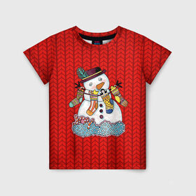 Детская футболка 3D с принтом Снеговик вышивка в Екатеринбурге, 100% гипоаллергенный полиэфир | прямой крой, круглый вырез горловины, длина до линии бедер, чуть спущенное плечо, ткань немного тянется | Тематика изображения на принте: new year | елка | новогодний | новогодняя вышивка | новый год | рождество | снег | снежинки