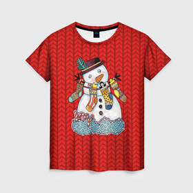 Женская футболка 3D с принтом Снеговик вышивка в Екатеринбурге, 100% полиэфир ( синтетическое хлопкоподобное полотно) | прямой крой, круглый вырез горловины, длина до линии бедер | new year | елка | новогодний | новогодняя вышивка | новый год | рождество | снег | снежинки
