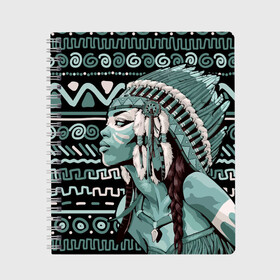 Тетрадь с принтом Девушка индеец в Екатеринбурге, 100% бумага | 48 листов, плотность листов — 60 г/м2, плотность картонной обложки — 250 г/м2. Листы скреплены сбоку удобной пружинной спиралью. Уголки страниц и обложки скругленные. Цвет линий — светло-серый
 | beautiful | body art | braids | feathers | fringe | girl | indian | mohawk | ornament | pendant | profile | бахрома | боди арт | девушка индеец | ирокез | косы | кулон | орнамент | перья | профиль