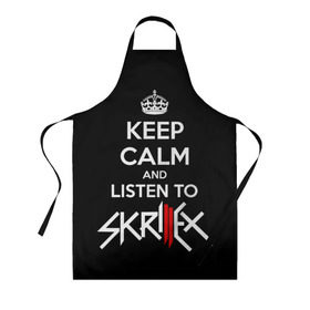 Фартук 3D с принтом Skrillex keep calm в Екатеринбурге, 100% полиэстер | общий размер — 65 х 85 см, ширина нагрудника — 26 см, горловина — 53 см, длина завязок — 54 см, общий обхват в поясе — 173 см. Принт на завязках и на горловине наносится с двух сторон, на основной части фартука — только с внешней стороны | dub step | dubstep | keep calm | skrillex | даб степ | дабстеп | диджей | драм энд басс | скрилекс