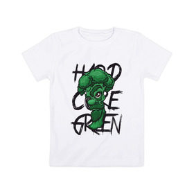Детская футболка хлопок с принтом Брокколи Hardcore Green в Екатеринбурге, 100% хлопок | круглый вырез горловины, полуприлегающий силуэт, длина до линии бедер | beard | broccoli | vegan | vegeterian | борода | брокколи | веган | вегетарианец | вегетарианство | зеленый | овощ | персонаж | слоган | усы