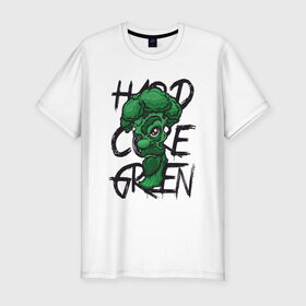Мужская футболка премиум с принтом Брокколи Hardcore Green в Екатеринбурге, 92% хлопок, 8% лайкра | приталенный силуэт, круглый вырез ворота, длина до линии бедра, короткий рукав | beard | broccoli | vegan | vegeterian | борода | брокколи | веган | вегетарианец | вегетарианство | зеленый | овощ | персонаж | слоган | усы